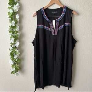 Womens Plus Size Black Embroidered Floral Sleeveless Blouse